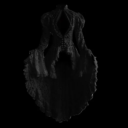 Vista 5 de Vestido medieval renacentista para mujer, vestido de corte de manga acampanada, vestido gótico de corsé para fiesta de Halloween, vestidos steampunk