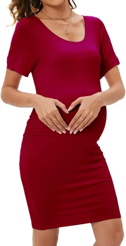 Vista 5 de ZIUMUDY Vestido ajustado de maternidad fruncido con cuello redondo y manga corta para baby shower, embarazo, vestido casual
