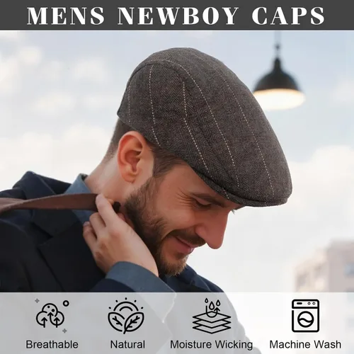 Vista 5 de Senker Fashion Paquete de 2 gorras de Newsboy para hombre, ajustables, de espiga, de lana de tweed, gorra plana, gorra de conducción Ivy Cabbie