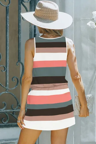 Vista 3 de SAUKOLE Vestido corto casual de verano para mujer, holgado, sin mangas, cuello redondo, cordón en la cintura, mini vestido corto con bolsillos
