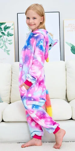 Vista 4 de UDERUI Pijama de unicornio para niños, disfraz de cosplay de una sola pieza, ropa de fiesta de animales, para niñas y niños