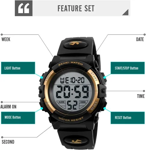 Vista 4 de Reloj digital deportivo impermeable para niños, reloj despertador de 1224 H, cronómetro, calendario de 3 a 15 años, reloj de pulsera para niños