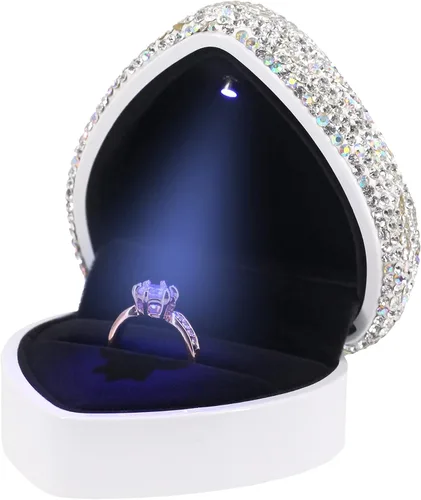 Vista 4 de Caja de joyería de lujo con forma de corazón de diamantes de imitación Bling Almacenamiento de joyería de luz LED para boda