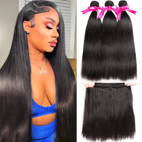 Vista 2 de Subella 3 manojos de cabello humano brasileño lacio, grado 10A, virgen, sin procesar, color negro natural (8, 10, 12 pulgadas)
