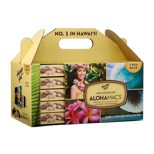 Vista 3 de Hawaiian Host Alohamacs - Paquete práctico de macadamia cubierta de chocolate con leche, paquete de 5 cajas de regalo