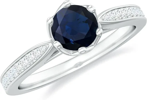 Vista 11 de Anillo de compromiso con solitario mínimo de zafiro azul, redondo de 0.197 in, calidad AAA, joyería inspirada en flores para mujer