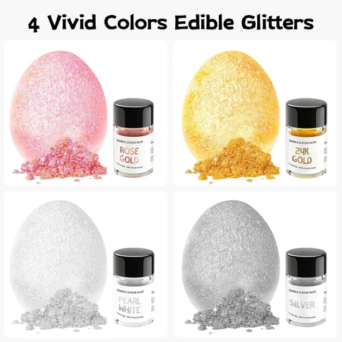 Vista 7 de INOCERIS - Juego comestible de polvo brillante de 4 colores, para cócteles, bebidas, hornear, bebidas, pasteles, fresas, galletas, fondant, vegano