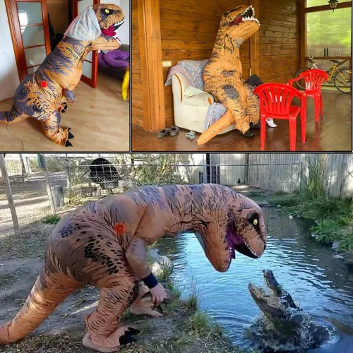 Vista 4 de JASHKE Disfraz inflable de dinosaurio disfraz inflable Trex bronce para adultos