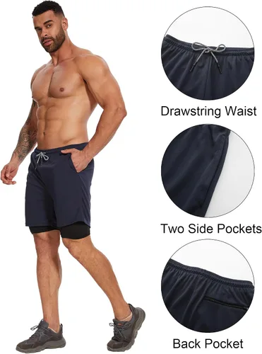 Vista 5 de Paquete de 4 pantalones cortos de entrenamiento 2 en 1 para hombre con forro, pantalones cortos deportivos de secado rápido con bolsillos