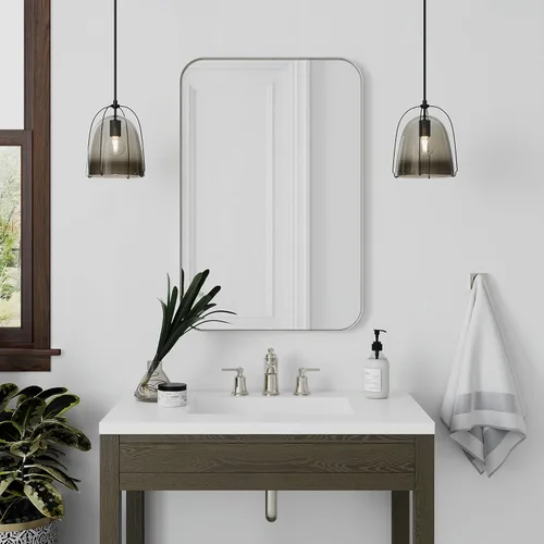 Vista 6 de Better Bevel - Espejo con marco de metal de níquel de 20 x 30 pulgadas, espejo rectangular de pared para baño, esquina redondeada