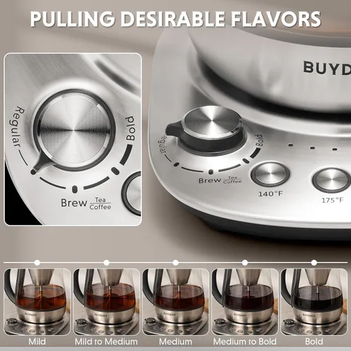 Vista 5 de BUYDEEM K176 - Tetera eléctrica multifuncional de acero inoxidable para preparar té y café, mantener el calor automático, 5 controles de sabor, 1.5L