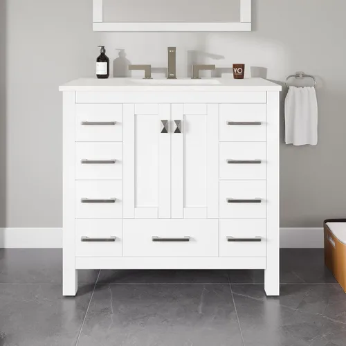 Vista 2 de Eviva Combo de tocador y lavabo de baño con acabado blanco de 36 pulgadas, tocadores de baño blancos de madera maciza de 36 pulgadas con parte