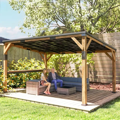 Vista 9 de Outsunny Gazebo de madera de 10'x14' con techo inclinado de acero