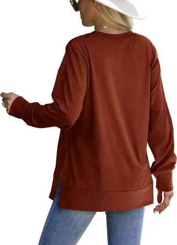 Vista 3 de Saloogoe Sudadera para mujer con abertura lateral, moda de otoño 2023, camisas de manga larga