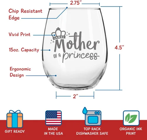 Vista 6 de Mother of A Princess Daughter of A Queen - Juego de 2 copas de vino sin tallo (15 onzas), copas de vino para mamá de hija, idea de regalos a juego