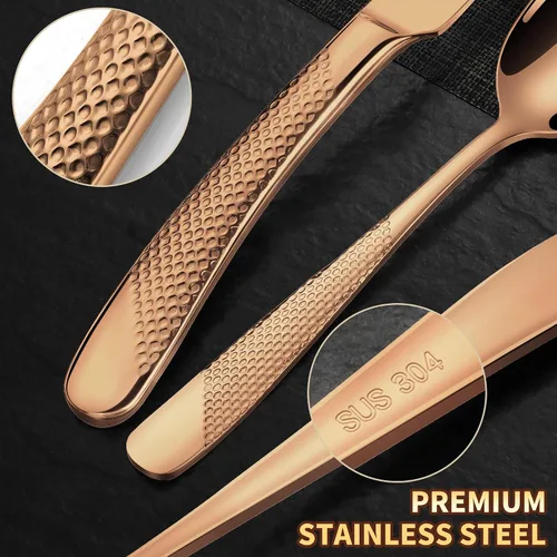 Vista 6 de Lemeya Juego de cubiertos martillados de oro rosa martillado de 20 piezas para 4 con cuchillos de forja dentados, juego de cubiertos moderno