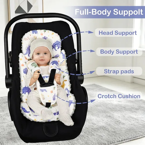 Vista 6 de Inserto de asiento de automóvil infantil con 3 fundas de correa, soporte de cabeza de asiento de automóvil suave para niñas bebés, tela de felpa