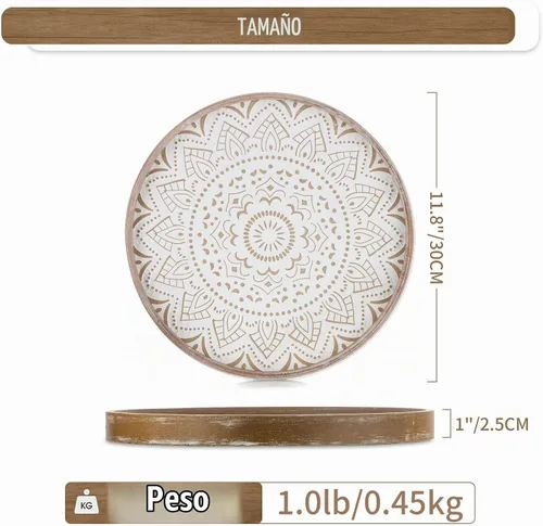 Vista 5 de Hanobe Bandeja Decorativa para Mesa de Café: Bandejas Redondas de Madera para Decoración Bohemia del Hogar, Centro de Mesa Rústico de Granja de 12