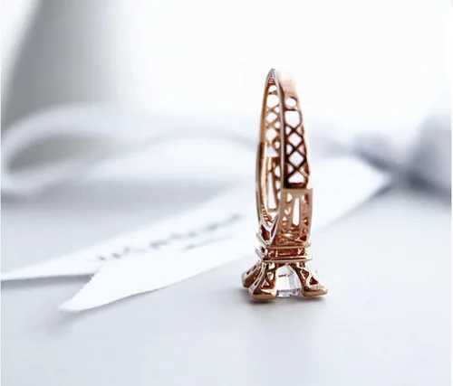 Vista 2 de Anillo chapado en oro de la torre Eiffel estilo solitario con AAA redondo de circonita cúbica cristal anillo de compromiso de boda joyería de moda