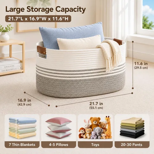 Vista 10 de DOFASAYI Cesta de lavandería grande de 72 litros con asas de cuero, cesta de almacenamiento decorativa para mantas, cesta de ropa para sala