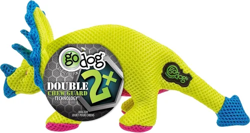 Vista 7 de goDog Juguete chirriante para perros con volantes de malla de doble guardia masticable, amarillo, pequeño Dinos Volantes (Amarillo)