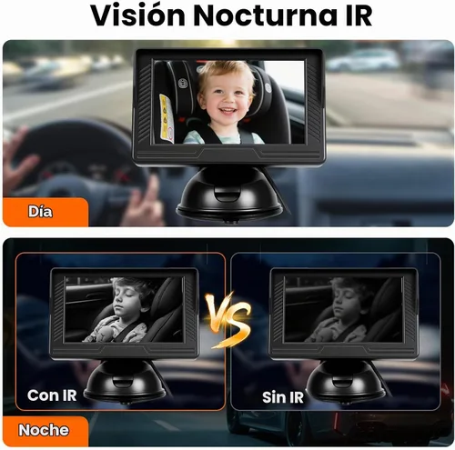 Vista 6 de VECHTEL Cámara de coche para bebé HD con orientación trasera para bebé con monitor de 4.3 pulgadas, visión nocturna IR, gran angular, fácil
