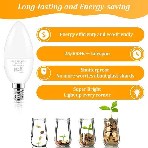 Vista 4 de Bombillas Brightever de candelabro E12 LED, equivalentes a 40 vatios, 4 W, blanco cálido 2700 K, bombillas para ventiladores de techo, luces de vela