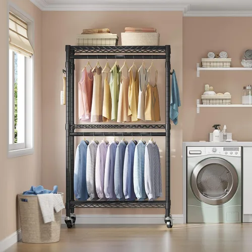 Vista 3 de VIPEK R2 - Perchero mediano con ruedas y ganchos laterales, resistente para colgar ropa, ajustable con alambre de metal, armario portátil con ruedas