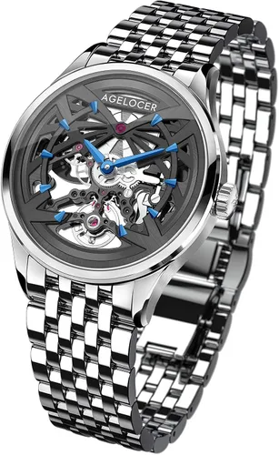 Vista 2 de AGELOCER Reloj analógico de lujo para hombre con diseño de esqueleto mecánico automático de acero inoxidable