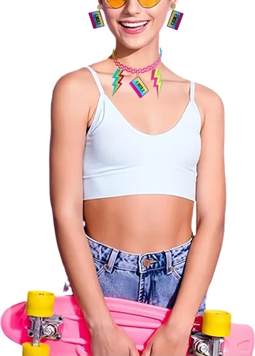 Vista 2 de Hupplle Accesorios de los años 80 y 90 para mujer, collar de acrílico de neón retro con casete de rayos, colgante de radio, joyería colorida