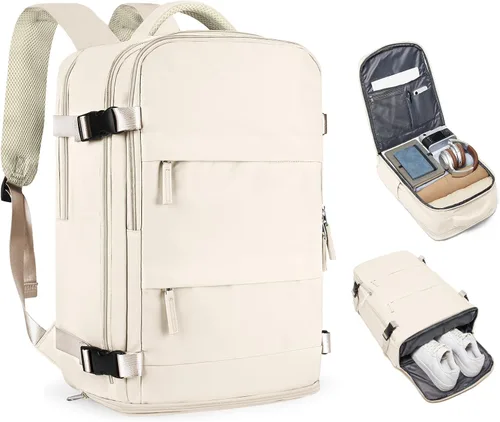 Vista 12 de Mochila de viaje grande, bolsa de mano, aprobada para aviones, para artículos personales, para hombre o mujer, color beige con marrón