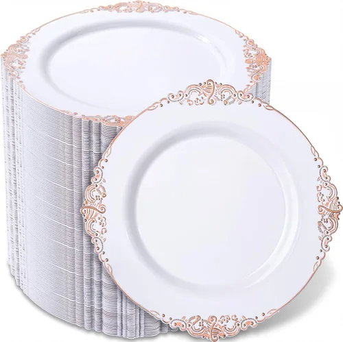 Vista 15 de Morejoy - 100 platos de plástico negro, platos desechables negros con borde dorado Black and Gold Plastic Plates, Modern swirl design Plates