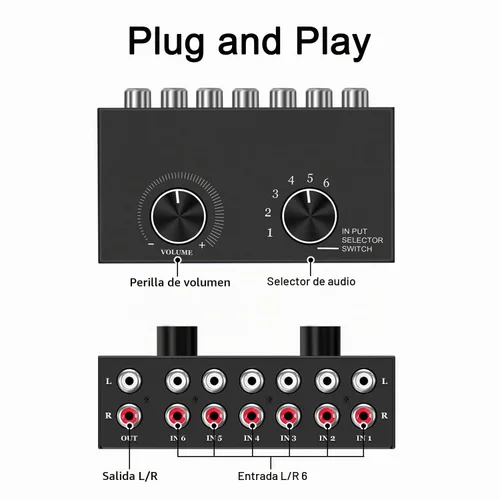 Vista 2 de Dingsun Conmutador de audio de 6 vías, interruptor de audio estéreo de canal derecho e izquierdo, Plug & Play, compatible con TV, reproductor