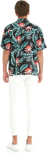 Vista 5 de Camisa hawaiana Luau o vestido cruzado con volantes para pareja a juego en color negro lirio floreciente