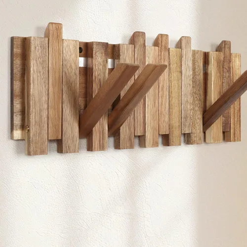 Vista 10 de Perchero de pared para entrada: Plegable rústico de madera con 8 ganchos, montaje de 16.5 pulgadas, elegante colgador de piano para pasillo