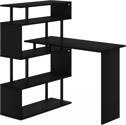 Vista 5 de Furinno Escritorio clásico, escritorio para juegos en forma de L de 40 pulgadas de ancho, escritorio para computadora, escritorio con estantes