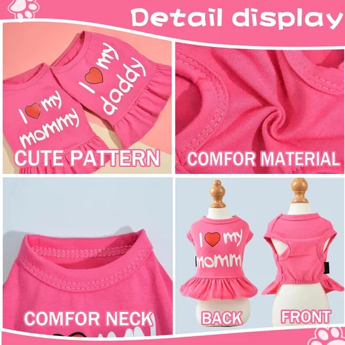 Vista 5 de Vestidos para perros medianos y niñas, paquete de 2 unidades, ropa rosa para niña pequeña, verano I Love My Mommy Daddy para cachorros, camisa