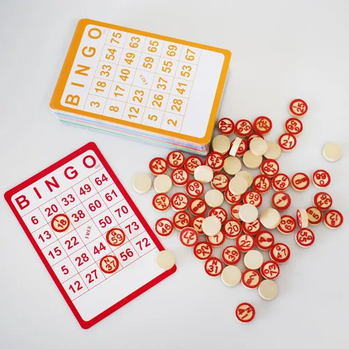 Vista 6 de Yuanhe Juego de bingo vintage, 100 tarjetas de bingo y 75 ajedrez de madera, para fiestas familiares grandes