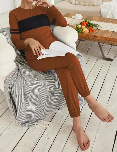 Vista 2 de Ekouaer Conjunto de pijama de manga larga con cuello redondo para mujer, conjunto de dos piezas con bolsillo