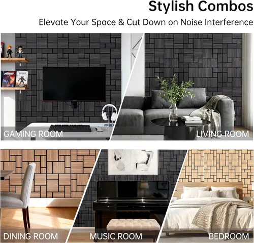 Vista 6 de Paneles acústicos, decoración de grano de madera de PVC, azulejos de pared con patrón tallado de 12 x 12 pulgadas, autoadhesivos para reducción
