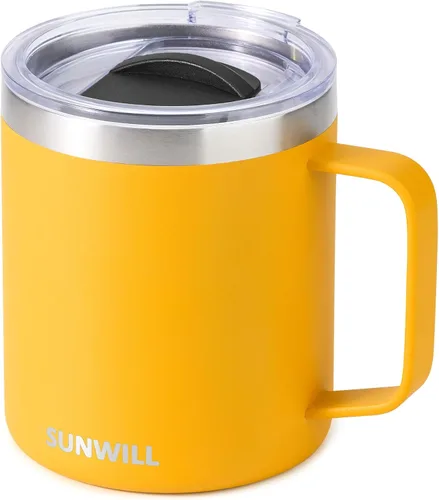 Vista 25 de SUNWILL - Taza de café de viaje con tapa, taza aislada con asa, taza de acero inoxidable de 14 oz para hielo, agua, té, color oro rosa