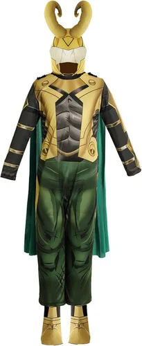 Vista 4 de Disfraz de Loki para niños, disfraz de Halloween, con casco, para niños y niñas de 3 a 14 años