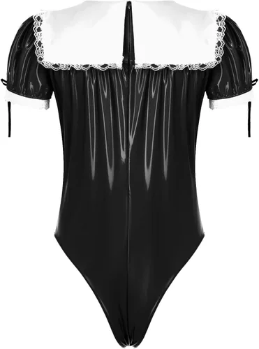 Vista 2 de TiaoBug Men's Maid Cosplay Costume Wet Look Patent Leather Lace Trim Leotard Sissy Crossdress Lingerie