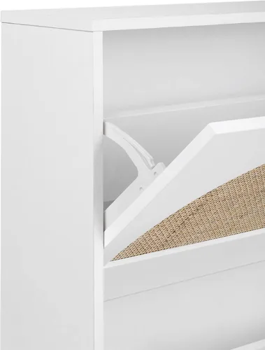 Vista 8 de Gabinete de almacenamiento de zapatos de ratán blanco con 2 cajones abatibles para entrada, zapatero independiente moderno y delgado organizador