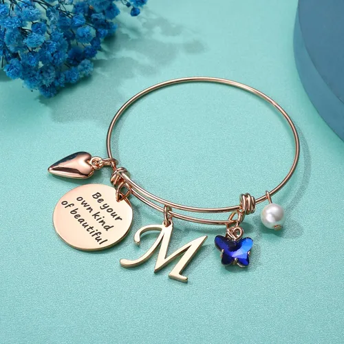 Vista 5 de Pulseras con dije de mariposa para mujer brazalete extensible con mensaje inspirador en inglés Be Your Own Kind of Beautiful joyería personalizada