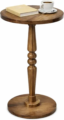 Vista 10 de Mesa auxiliar redonda para espacios pequeños, mesita de noche pequeña con parte superior de madera maciza y pata de pedestal, mesa moderna