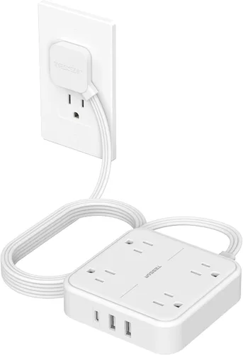 Vista 12 de TESSAN Cable de extensión plano protector de sobretensiones de 1 pie, regleta de enchufe con anillo con 4 tomas, 3 puertos USB (1 USB C), protección