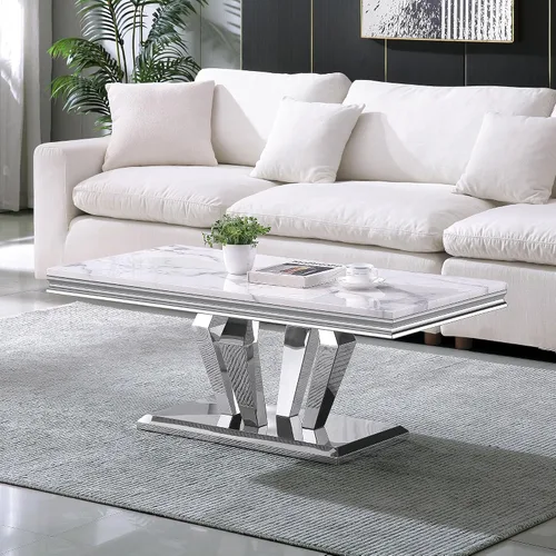 Vista 3 de Mesa auxiliar rectangular moderna de mármol blanco con parte superior de mármol de 0.71 pulgadas de grosor, base de acero inoxidable en forma de U