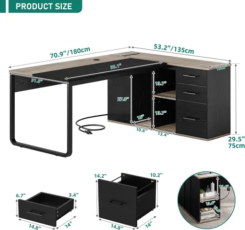 Vista 2 de YITAHOME Escritorio ejecutivo con tomas de corriente, escritorio en forma de L de 71 pulgadas con archivador, escritorio ejecutivo con cajones