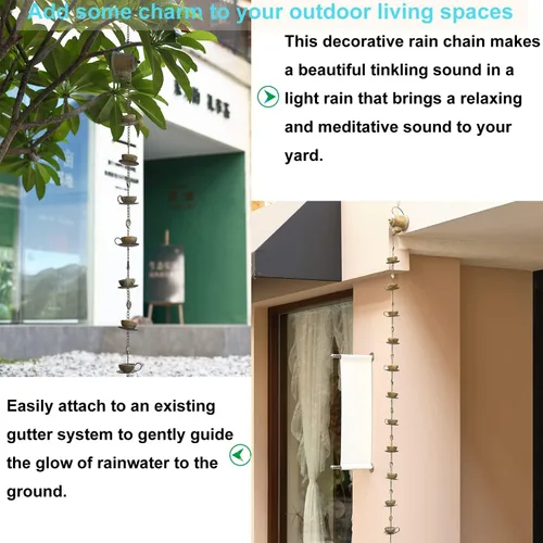 Vista 5 de Jemeni Cadena de lluvia para tetera y tetera, cadena de lluvia de pátina de cobre de 8.5 pies para canalones, reemplazo decorativo de bajante